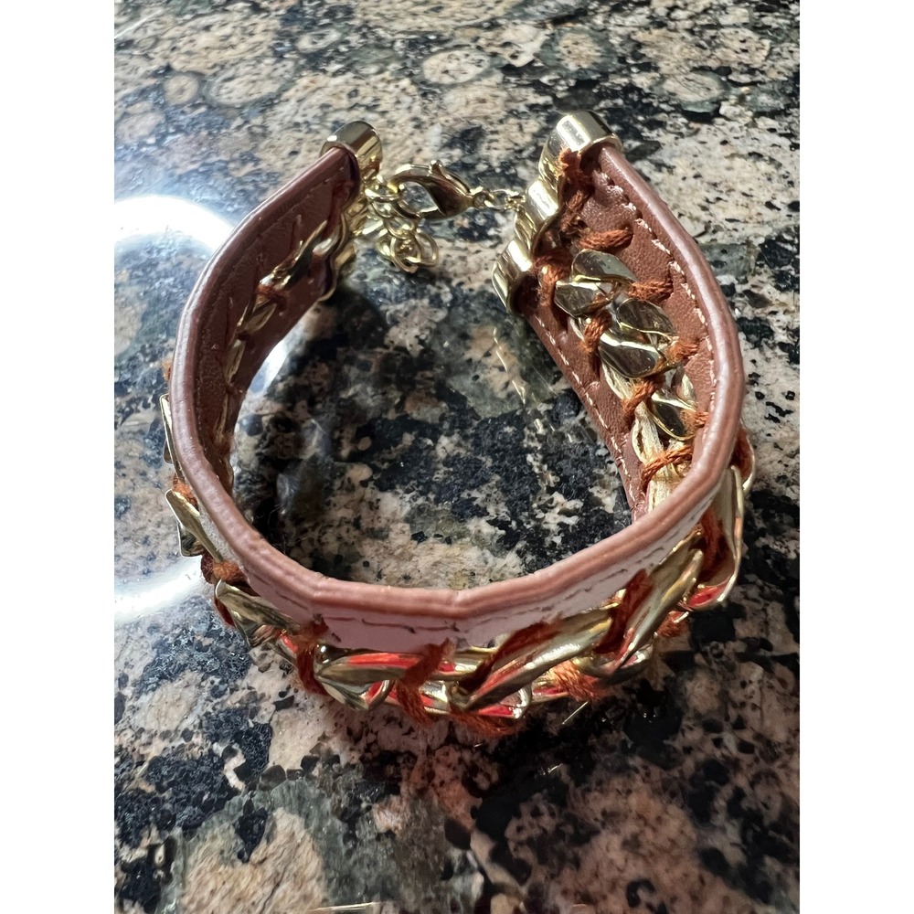 Gold Tone Chain Woven Faux Leather Cuff Bracelet Tan Brown Adjustable Clasp